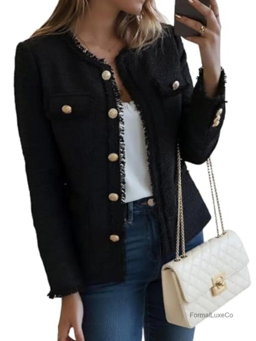 Tweed Blazer Jacket Crewneck Open Front Office Coat Pockets